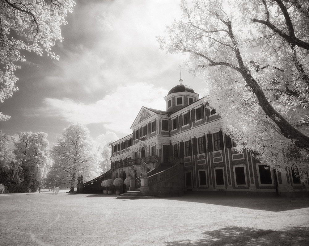 Monochrom0511-09.JPG - Wieder Schloss Favorite bei Rastatt im Gegenlicht. Erstaunlich, welcher Tonwertumfang hier wiedergegeben wird.