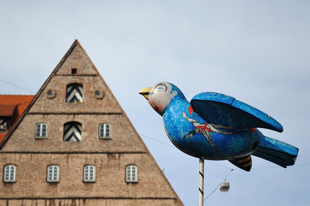 Ulm0409-32.jpg - Noch ein schräger Vogel. Der Aufprall auf dem Dach scheint unvermeidlich zu sein.